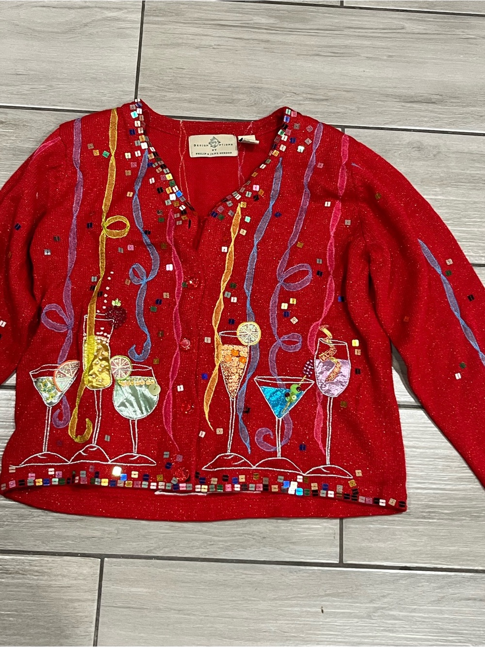 Design Options By Philip & Jane Gordon Red Embellished Cardigan Sweater Party